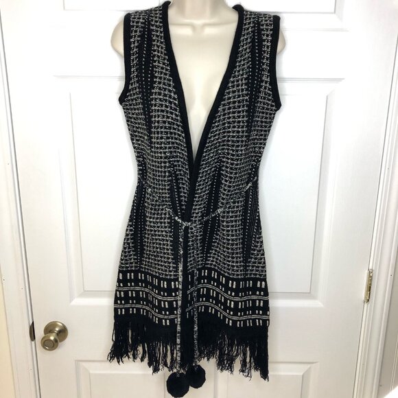 BCBG Black/white Knit Tunic Vest w/Fringe  S - Picture 1 of 7